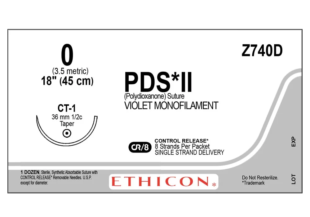 Ethicon 0 18" PDS*II (Polydioxanone) Violet Monofilament Absorbable Suture Cr/8 Control Release* 8 Strands Per Packet Single Strand Delivery Ct-1 36 mm 1/2C Taper ( of 12) (Grey)