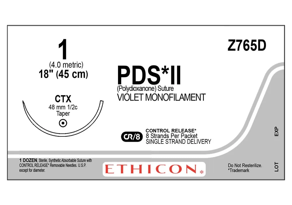 Ethicon 1 18" PDS*II (Polydioxanone) Suture Violet Monofilament Ctx 48 mm 1/2C Taper ( of 12) (Grey)