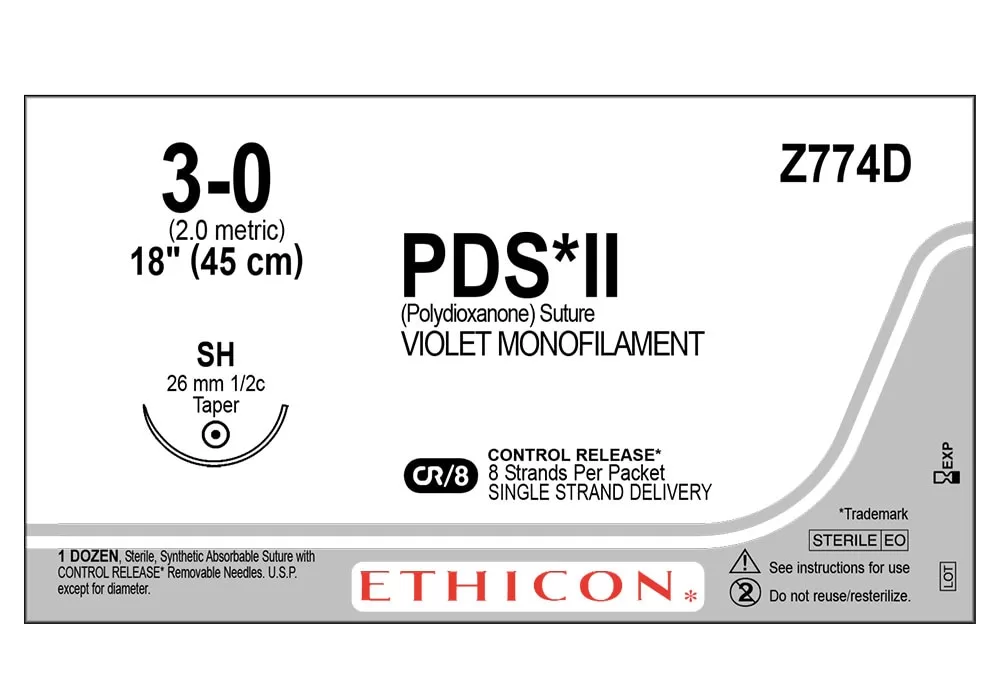 Ethicon 3-0 18" PDS*II (Polydioxanone) Suture Violet Monofilament Cr/8 Control Release* 8 Strands Per Packet Single Strand Delivery Sh 26 mm 1/2C Taper ( of 12) (Gray)
