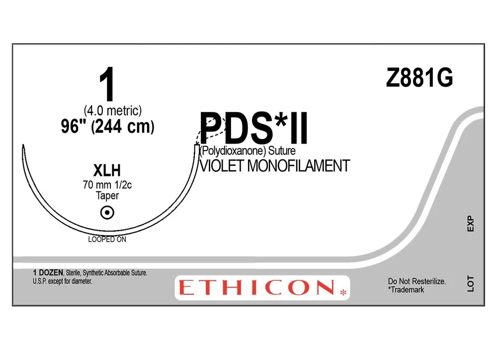 Ethicon 1 96" PDS*II (Polydioxanone) Violet Monofilament Suture XLh 70 mm 1/2C Taper, Looped On ( of 12) (Grey)