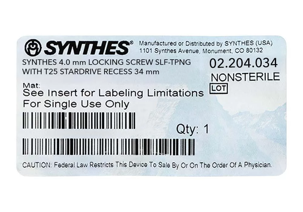 SYNTHES 02.204.034 Synthes 4.0 mm LOCKING SCREW SLF-TPNG WITH T25 STARDRIVE RECESS 34 mm