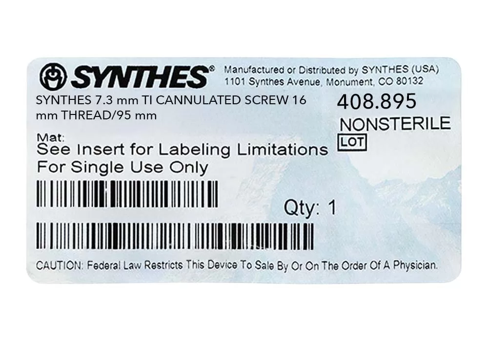 Synthes 7.3 mm TI Cannulated Screw 16 mm THREAD/95 mm